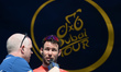 Mark Cavendish (Dimension Data team), speaks to the fans ahead of the start  of the 2016 T...