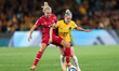 Ellie Carpenter of Australia and Pernille Harder of Denmark in action during the FIFA Wome...