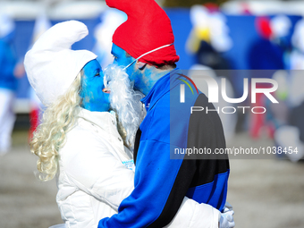 A couple dressed up like Smurfs during a smurfs gathering in Waldshut-Tiengen, Germany on February 6, 2016. (