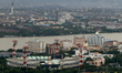 

An aerial view of the cityscape of Kolkata City and Eden Gardens Cricket Stadium is bein...