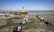 Boats aground during low tide in Plage de l'Arnerault in La Flotte, Ile de Re, France on M...