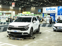 Hyundai WIA's artificial intelligence self-driving parking robot is being demonstrated during the 2023 Robo World at the KINTEX exhibition h...