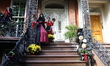 Halloween decorations cover the doorway and staircase of a Gramercy Park townhouse in New...