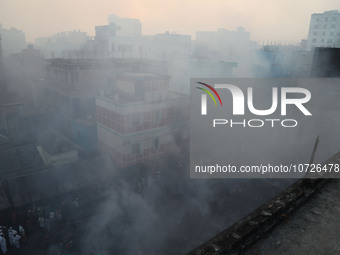 Smoke is billowing from a fire that is currently raging in Baburhat, Narsingdi, Bangladesh, on October 30, 2023. This location is currently...
