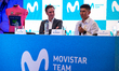 Alfonso Gomez the CEO of Telefonica Hispam (L) and cyclist Nairo Quintana (R) speak during...