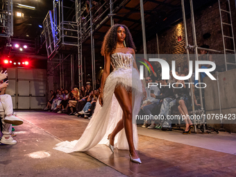 A model wears a creation from the Helo Rocha collection during Sao Paulo Fashion Week, on November 8, 2023. (