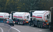 UKRAINE-POLAND - NOVEMBER 19, 2023 - ADR trucks carrying flammable substances are blocked...