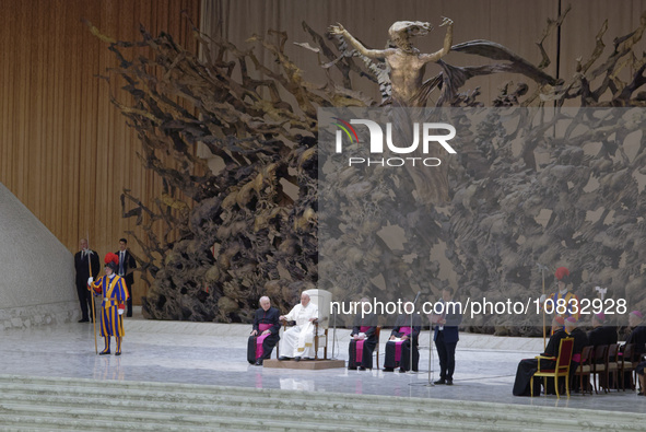 Pope Francis is holding his weekly general audience in the Pope Paul VI hall at the Vatican, on December 6, 2023. 