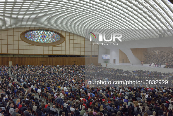 Pope Francis is holding his weekly general audience in the Pope Paul VI hall at the Vatican, on December 6, 2023. 
