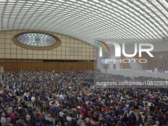 Pope Francis is holding his weekly general audience in the Pope Paul VI hall at the Vatican, on December 6, 2023. (