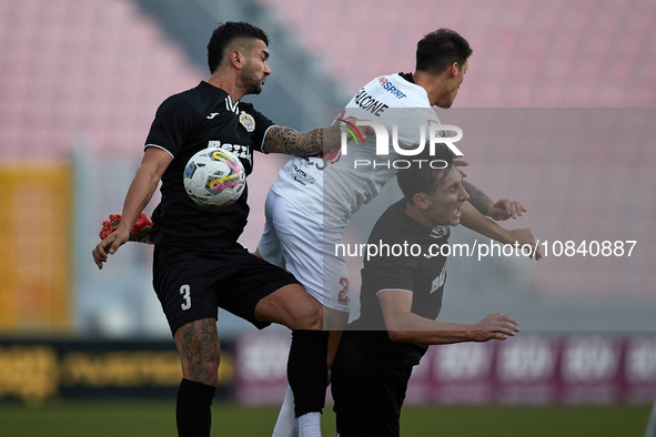 Ferdinando Apap (L) of Hibernians, Federico Falcone (C) of Valletta, and Kurt Shaw (R) of Hibernians are vying for the ball during the Malta... by Domenic Aquilina/NurPhoto