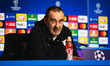 Maurizio Sarri, the coach of Lazio, is speaking during the press conference for the Champi...