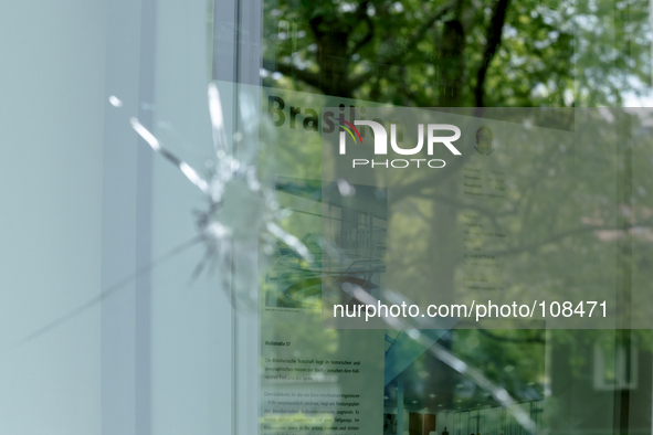 Brazilian embassy in Berlin was attacked at night as a protest againt the world cup and had severeal bronken glasses on 12th May 2014 in Ber...