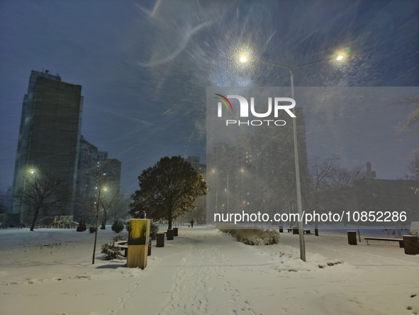 A snowy street is seen in Kyiv, the capital of Ukraine, on December 14, 2023. 