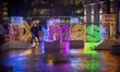 Colorful, illuminated Christmas lighting sculptures are seen in Warsaw, Poland on 22 Decem...