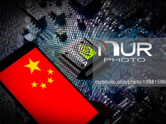 The flag of China is being displayed on a smartphone, with an NVIDIA chip visible in the background, in this photo illustration taken in Bru...