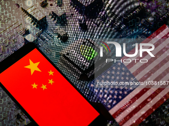 The flags of China and the USA are being displayed on a smartphone, with an NVIDIA chip visible in the background, in this photo illustratio...