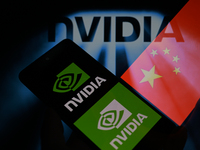 The flags of China and the USA are being displayed on a smartphone, with NVIDIA visible in the background, in this photo illustration taken...
