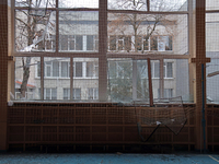Windows are being seen knocked out by the shockwave in the gym at school N221, which was damaged during the Russian missile attack in Kyiv,...