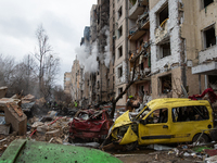 A high-rise residential building damaged by the blast wave after a Russian missile attack on January 2, 2024, in Kyiv, Ukraine. On the morni...