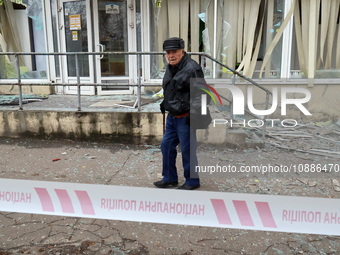 The Ukrposhta branch building is being damaged by Russian rocket fire in Kyiv, Ukraine, on January 2, 2024. (