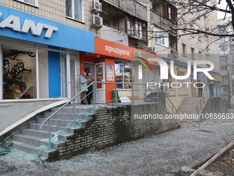 Shops are damaged by Russian rocket fire in the Dorohozhychi district of Kyiv, Ukraine, on January 2, 2024. (