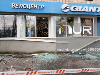 A bicycle shop's window glass is smashed by Russian missile fire in the Dorohozhychi district of Kyiv, Ukraine, on January 2, 2024. No use i...