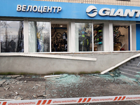A bicycle shop's window glass is smashed by Russian missile fire in the Dorohozhychi district of Kyiv, Ukraine, on January 2, 2024. No use i...