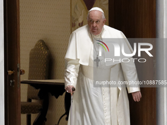 Pope Francis is arriving for his weekly general audience in the Pope Paul VI hall at the Vatican, on January 3, 2024. (