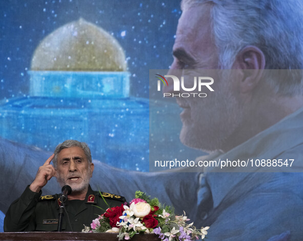 Commander Esmail Qaani of the Islamic Revolutionary Guard Corps' (IRGC) Quds Force is speaking during a ceremony commemorating the anniversa...