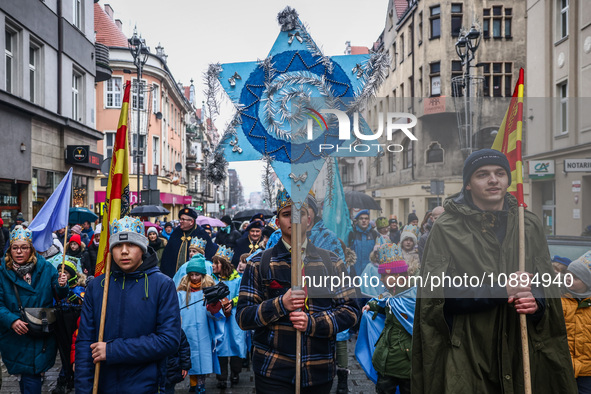 People take part in traditional procession on Three Kings Day (also called Epiphany) in Gliwice, Poland on January 6th, 2024. The Roman Cath...