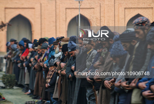 Kashmiris are offering special prayers in the compound of Jamia Masjid, or Grand Mosque, in Srinagar, Kashmir, India, on January 12, 2024. T...