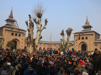 Kashmiris are listening to a sermon by the priest before offering special prayers in the compound of Jamia Masjid in Srinagar, Kashmir, Indi...