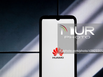 The Huawei logo is displayed on a smartphone screen in Athens, Greece, on January 19, 2024. (