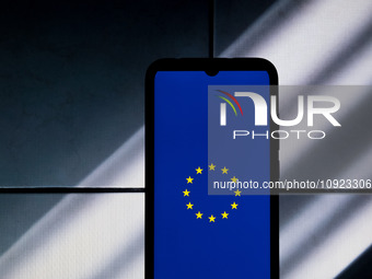 The European Union (EU) flag logo is being displayed on a smartphone screen in Athens, Greece, on January 19, 2024. (