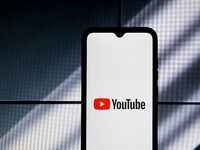 The YouTube logo is displayed on a smartphone screen in Athens, Greece, on January 19, 2024. (