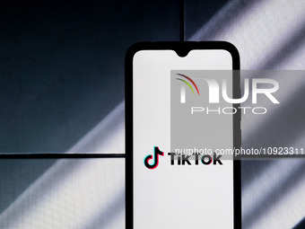 The TikTok logo is displayed on a smartphone screen in Athens, Greece, on January 19, 2024. (