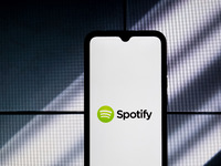 The Spotify logo is displayed on a smartphone screen in Athens, Greece, on January 19, 2024. (