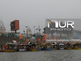 A general view of the Saryu River ghat is seen as preparations are underway for the opening of the Ram temple in Ayodhya, Uttar Pradesh, Ind...