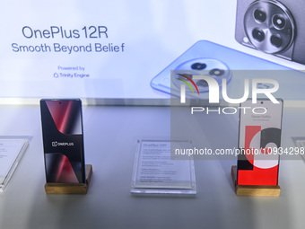 OnePlus 12R smartphones are being displayed during their launch event in New Delhi, India, on January 23, 2024. (