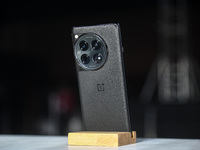 A OnePlus 12 smartphone is on display during its launch event in New Delhi, India, on January 23, 2024. (