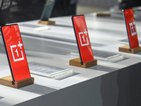 OnePlus 12R smartphones are being displayed during their launch event in New Delhi, India, on January 23, 2024. (