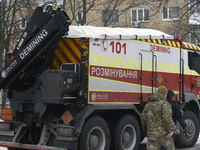 A demining vehicle is operating in the Sviatoshynskyi district following the Russian missile attack on Tuesday morning, in Kyiv, Ukraine, on...