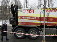 A demining vehicle is operating in the Sviatoshynskyi district following the Russian missile attack on Tuesday morning, in Kyiv, Ukraine, on...