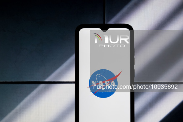 The NASA logo is being displayed on a smartphone screen in Athens, Greece, on January 24, 2024. 