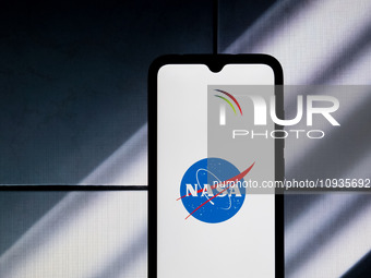 The NASA logo is being displayed on a smartphone screen in Athens, Greece, on January 24, 2024. (