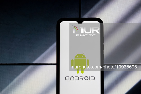 The Android logo is displayed on a smartphone screen in Athens, Greece, on January 24, 2024. 
