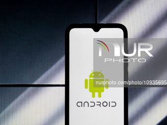 The Android logo is displayed on a smartphone screen in Athens, Greece, on January 24, 2024. (