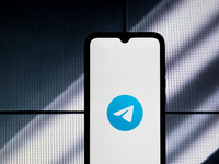 The Telegram logo is displayed on a smartphone screen in Athens, Greece, on January 24, 2024. (