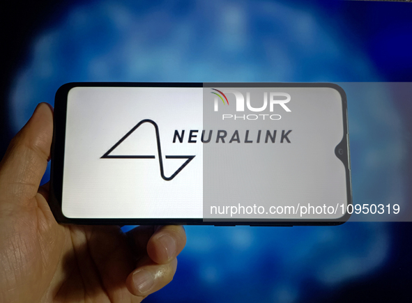 An illustration of Neuralink is being displayed in Suqian, Jiangsu Province, China, on January 30, 2024. Musk is announcing that Neuralink h...